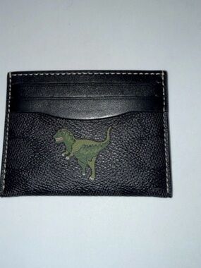 Coach Black Leather Card & Key Holder with Green Dino Motif